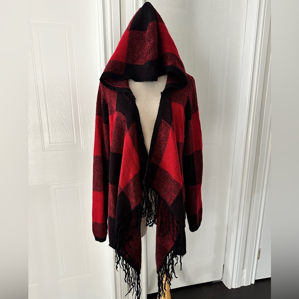 Red & Black Hooded Plaid Fringe Sweater Cardigan